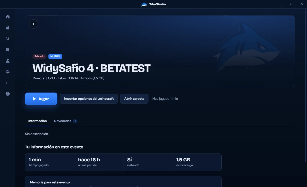 El TibuStudio Launcher mostrando un evento con el botón Jugar